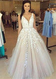 A Line Applique Tulle Prom Dress, Long V Neck Sleeveless Party Dress with Beading