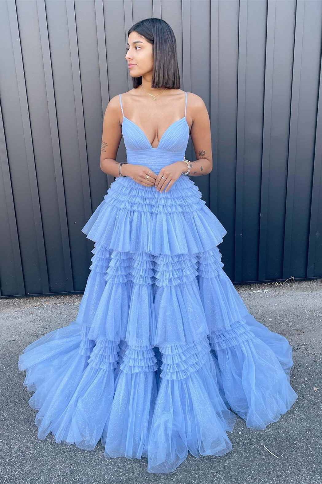 Pink V Neck Layers Tulle Long Ball Gown,Light Blue A Line Spaghetti St –  jkprom
