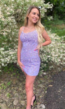 Short Lilac Homecoming Dress,Spaghetti Straps Lace Tight Hoco Dresses