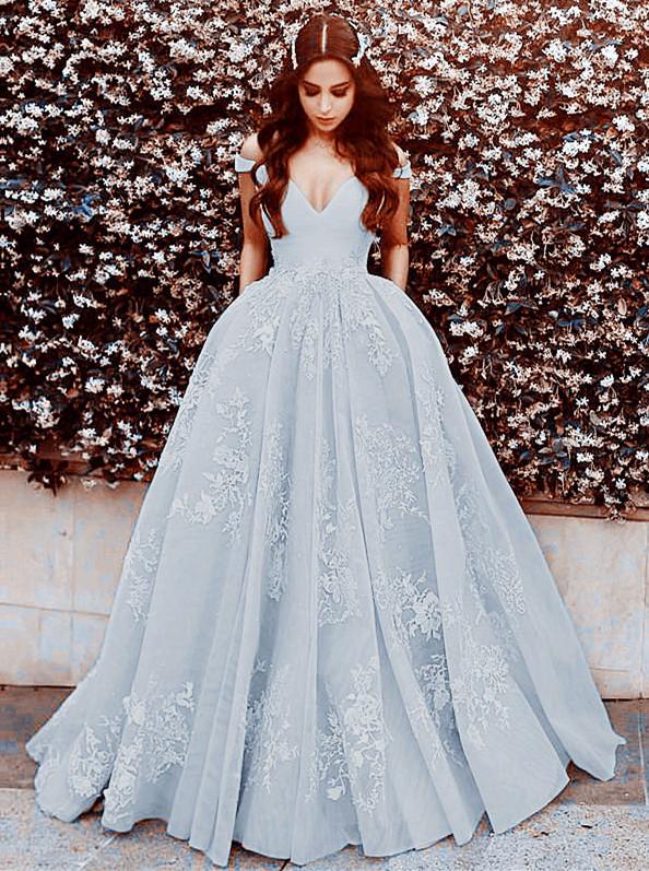 Elegant Tulle Ball Gowns Prom Dresses Lace Appliques Off Shoulder