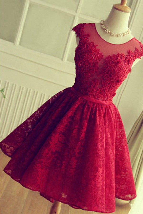 Red Short Lace Homecoming Dresses,Knee-length Prom Dress,Party Gown