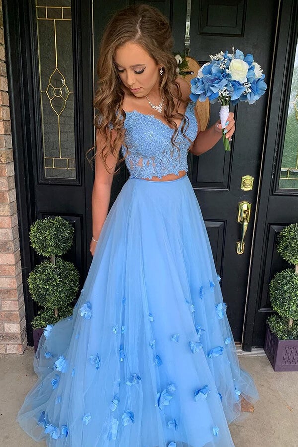 Pretty Blue Two Piece Off-the-Shoulder Lace Prom Dresses with 3D Flowers