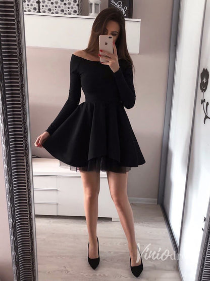 Simple Black Short Prom Dresses with Sleeves Off Shoulder jkprom Simple Black Short Prom Dresses with Sleeves Off Shoulder jkprom