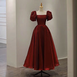 Simple Burgundy Prom Dress Square Neck Tea Length Graduation Dresses