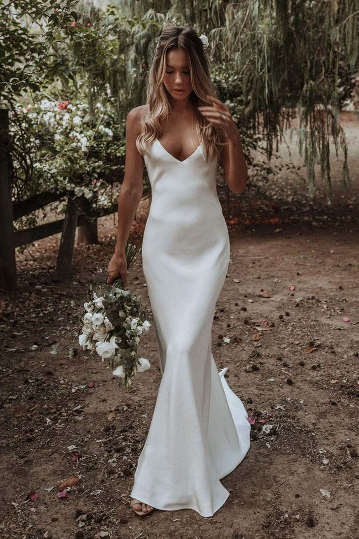 Simple Spaghetti Straps Mermaid Beach Wedding Dress,Elegant Long Bridal Dresses