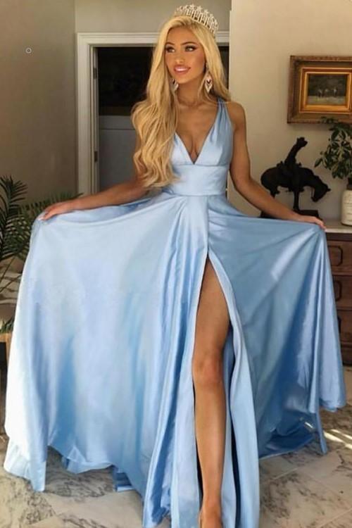 Sky-blue Long Party Dress with High Leg Slit Side,Prom Dresses