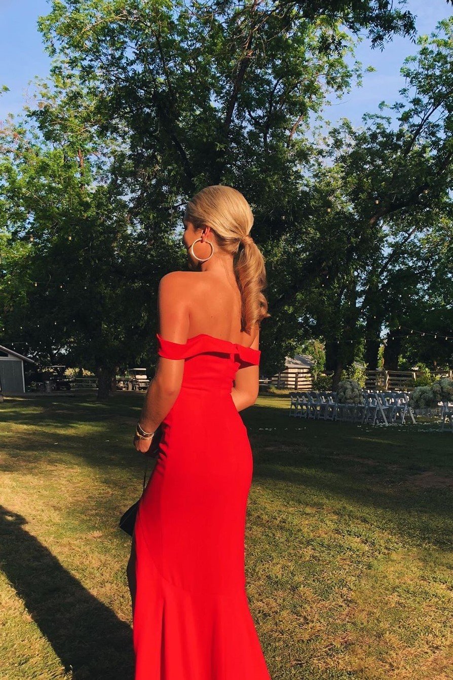 Slit Maxi Long Red Prom Dresses with Off-the-shoulder