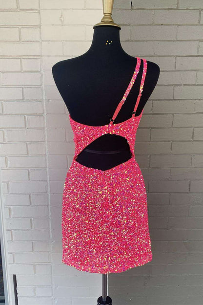 Pink-Sequin-One-Shoulder-Cutout-Homecoming-Dresses