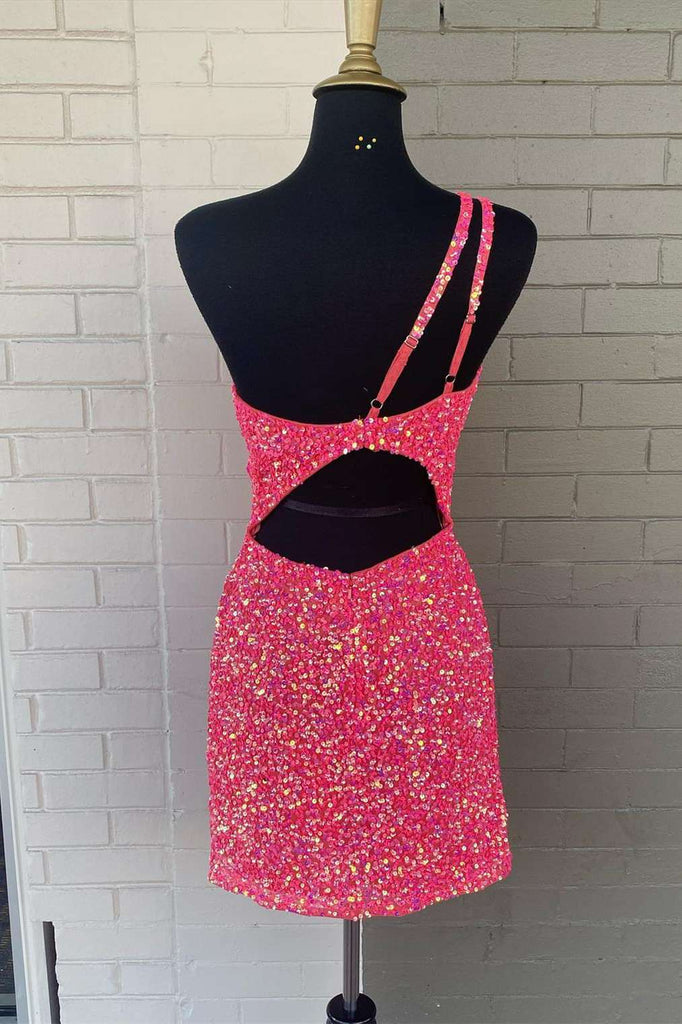 Pink Sequin One Shoulder Short Homecoming Dress, Sparkly Party Cocktail Gown