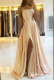 Simple Stretch Satin A-Line Scoop Split Long Prom Dress, Evening Gowns