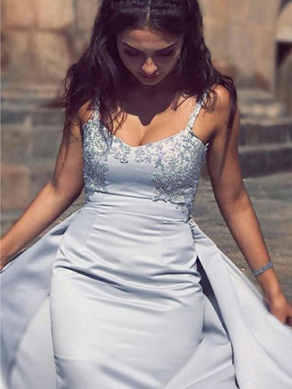 Spaghetti Strap Grey Mermaid Lace Top Long Prom Dress