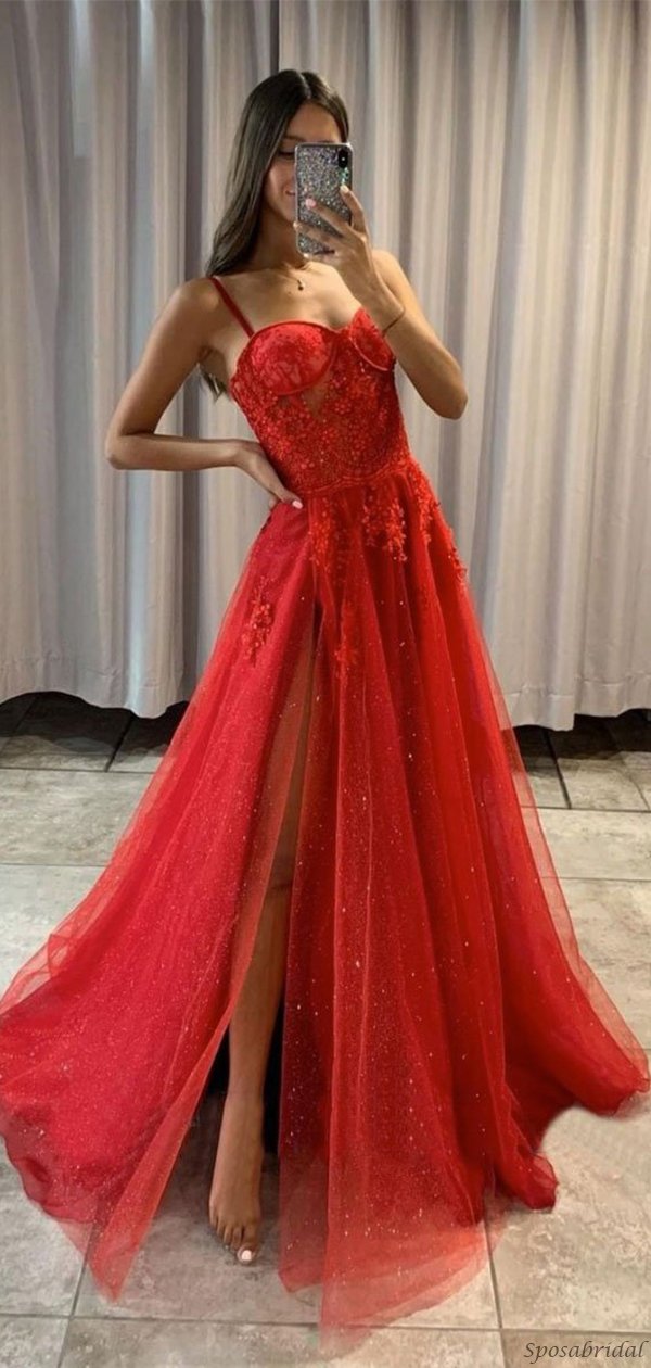 Sparkling Sexy Red Spaghetti Straps Sweetheart Lace Top Side-slit A-line Long Prom Dress