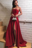 Strapless Satin Dark Red Prom Dresses with Slit Side,Sexy Formal Dresses