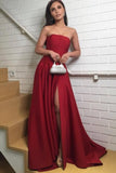 Strapless Satin Dark Red Prom Dresses with Slit Side,Sexy Formal Dresses