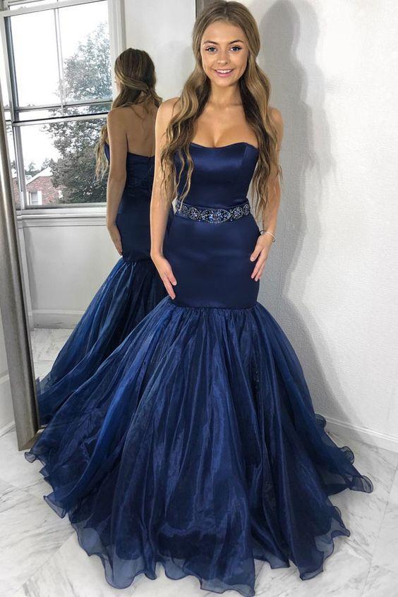 Strapless Satin Navy Blue Prom Dress Mermaid Organza Skirt