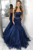 Strapless Satin Navy Blue Prom Dress Mermaid Organza Skirt