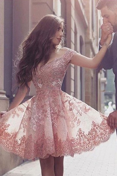 Fabulous Blush Off Shoulder Short Homecoming Dresses with Appliques,Semi Formal Dress