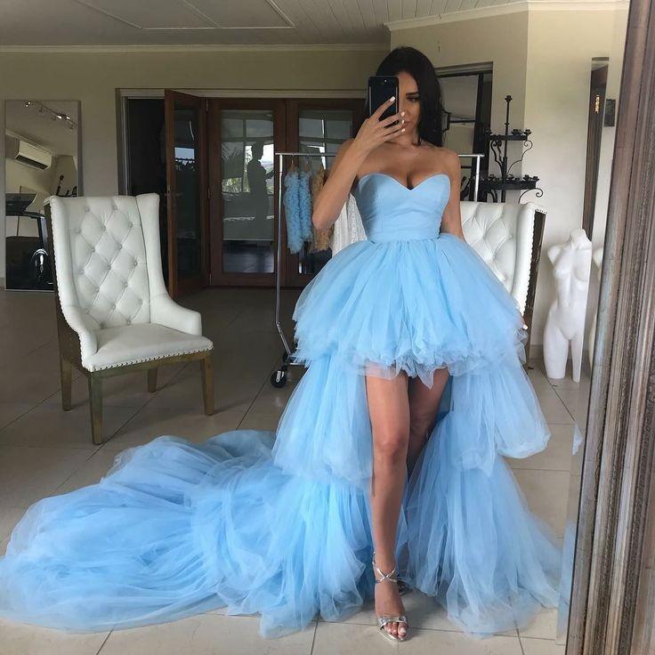 open lace back dress Blue Lace High Low Homecoming Prom Dresses, Cheap Party Prom Sweet 16 –  SposaDresses main image 1