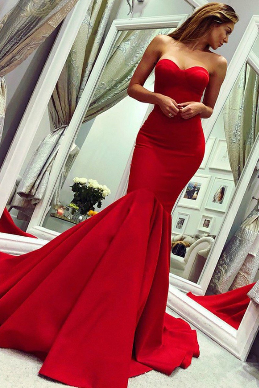 Sweetheart Red Mermaid Prom Dress with Train Satin Backless Gown