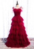 A-Line Long Spaghetti Strap Red Prom Dresses,Black Layers Tulle Evening Dress