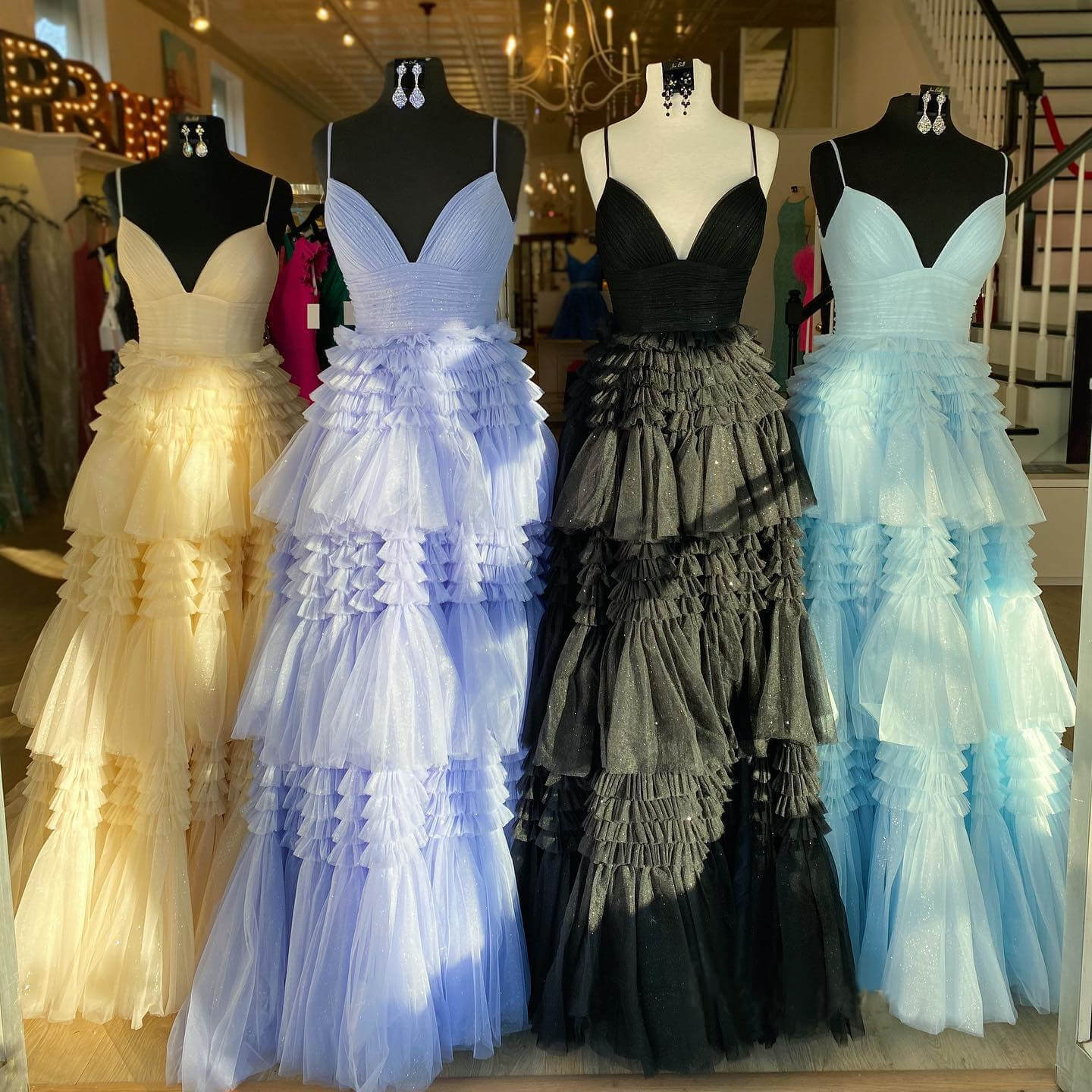 Pink V Neck Layers Tulle Long Ball Gown,Light Blue A Line Spaghetti Strap Evening Dresses