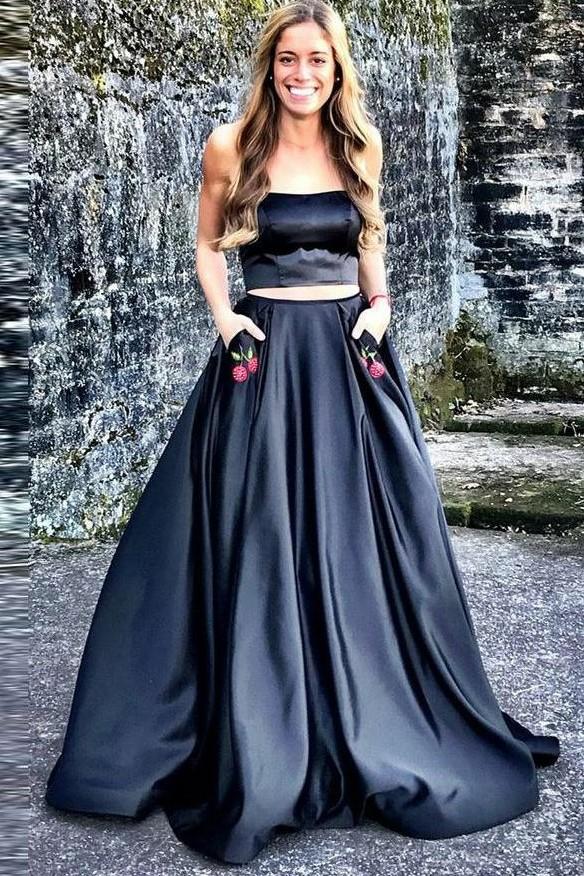 Two Piece Nark Navy Prom Dress with Cherry Embroidery Pockets