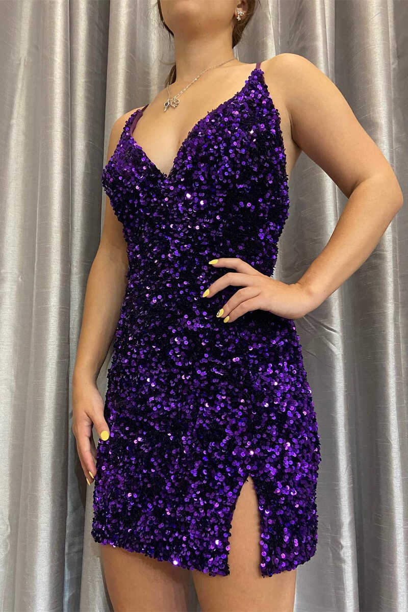 Sexy Purple Sequin V-Neck Short Bodycon Homecoming Dress with Slit