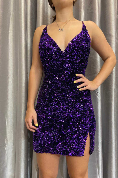 Sexy Purple Sequin V-Neck Short Bodycon Homecoming Dress – jkprom Sexy Purple Sequin V-Neck Short Bodycon Homecoming Dress – jkprom
