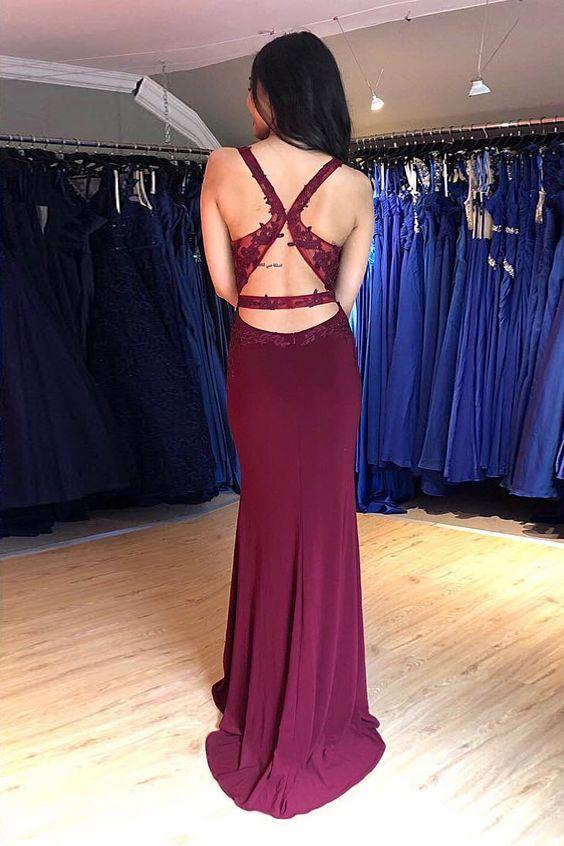 V-neckline Chiffon Long Evening Dress Lace Appliques Bodice