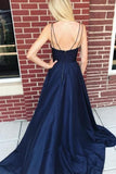 V-neckline Satin Navy Blue Prom Gowns with Pockets,Evening Dresses