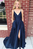 V-neckline Satin Navy Blue Prom Gowns with Pockets,Evening Dresses