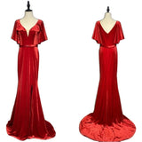 Velvet Red Evening Dresses with Ruffles Sleeves