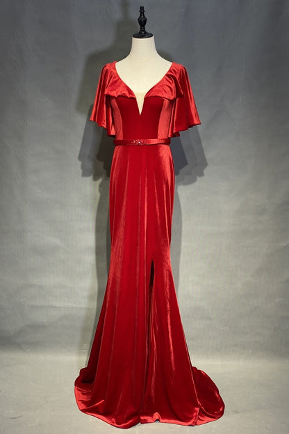 Velvet Red Evening Dresses with Ruffles Sleeves