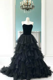 Velvet Strapless Black Prom Gowns with Pleated Tiered Skirt,Prom Dress