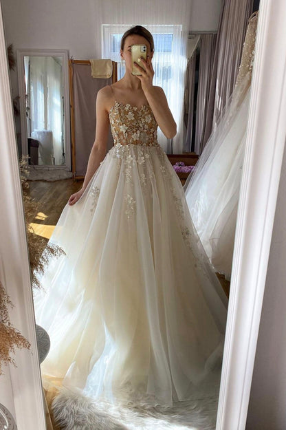 Romantic Wedding Dress Flowy Floral Long Tulle Formal Dress