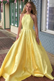 Yellow Satin Pearls Prom Dresses with Halter Neckline
