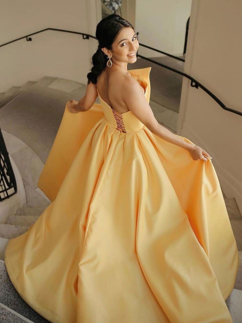 Backless Long Yellow Prom Dress,A line Satin Formal Party Dresses