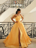 Backless Long Yellow Prom Dress,A line Satin Formal Party Dresses