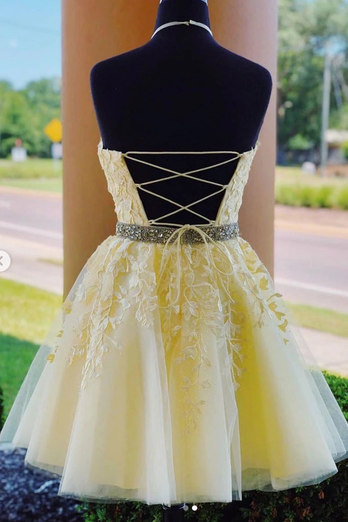 Lilac Lace Homecoming Dresses Beaded Belt Yellow Short A Line Hoco Dre jkprom Lilac Lace Homecoming Dresses Beaded Belt Yellow Short A Line Hoco Dre jkprom