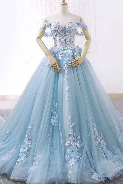 Light Blue Sweetheart Tulle Floral Ball Gowns Prom Dresses Birthday Gown